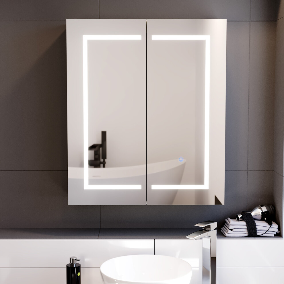 Nes Home 600mm LED 2 Doors White Bathroom Mirror Cabinet Battery Powered