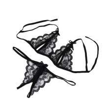Erotic Bra and Panties Set Black Lace Lingerie for Women High Waist Thong and Babydoll Small Size Halter Style