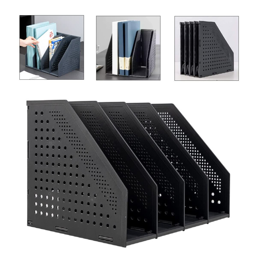 Foldable Magazine File with 4 Compartments, Dark Grey Plastic Desk Organizer for Office and School Storage-image-OPC-PK6XJ5C-NEW