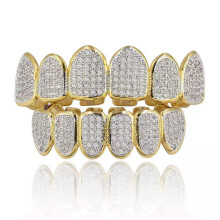 Diamond Grillz Silver and Gold Teeth Grills with Diamond Vampire Style, Gold-Plated Brass, Shiny Hip Hop Aesthetic