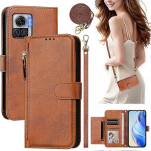 (Brown) Flip Case For Motorola Edge 30 Ultra Protection Soft Pu Leather Zipper Wallet Cover With Card Holder And Long Strap