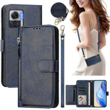 (Blue) Flip Case For Motorola Edge 30 Ultra Protection Soft Pu Leather Zipper Wallet Cover With Card Holder And Long Strap