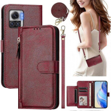 (red) Flip Case For Motorola Edge 30 Ultra Protection Soft Pu Leather Zipper Wallet Cover With Card Holder And Long Strap