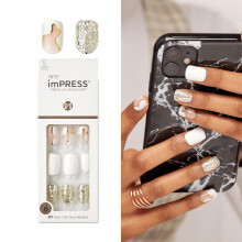 KISS imPRESS Sem cola Mani Press On Nails Design 'Astound' Branco Tamanho curto Formato Squoval Inclui 30 blocos de preparao para unhas Folha d