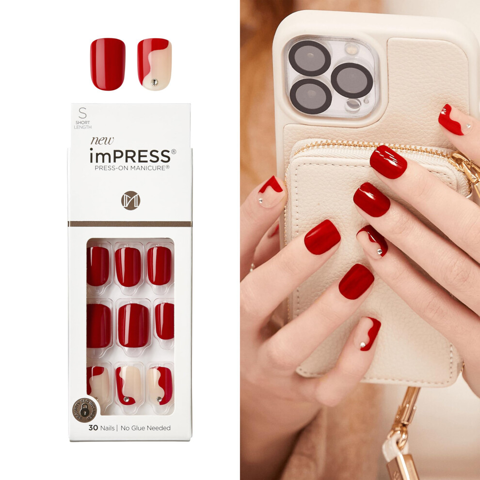 Impress Red Kiss No Glue Mani Press On Nails Design 'Adore You' Short Size Squoval Shape Includes 30 Nails Prep Pad Instructions Sheet 1