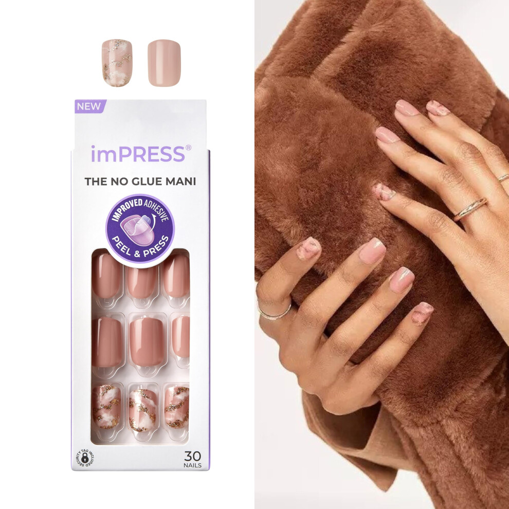 Impress Pink Kiss No Glue Mani Press On Nails Design 'Kingdom' Light Short Size Squoval Shape Includes 30 Nails Prep Pad Instructions She