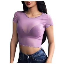 Women's Sheer Mesh Short Sleeve Crop Tops Casual T-Shirts Lingerie for Everyday Wear in Lila XXL