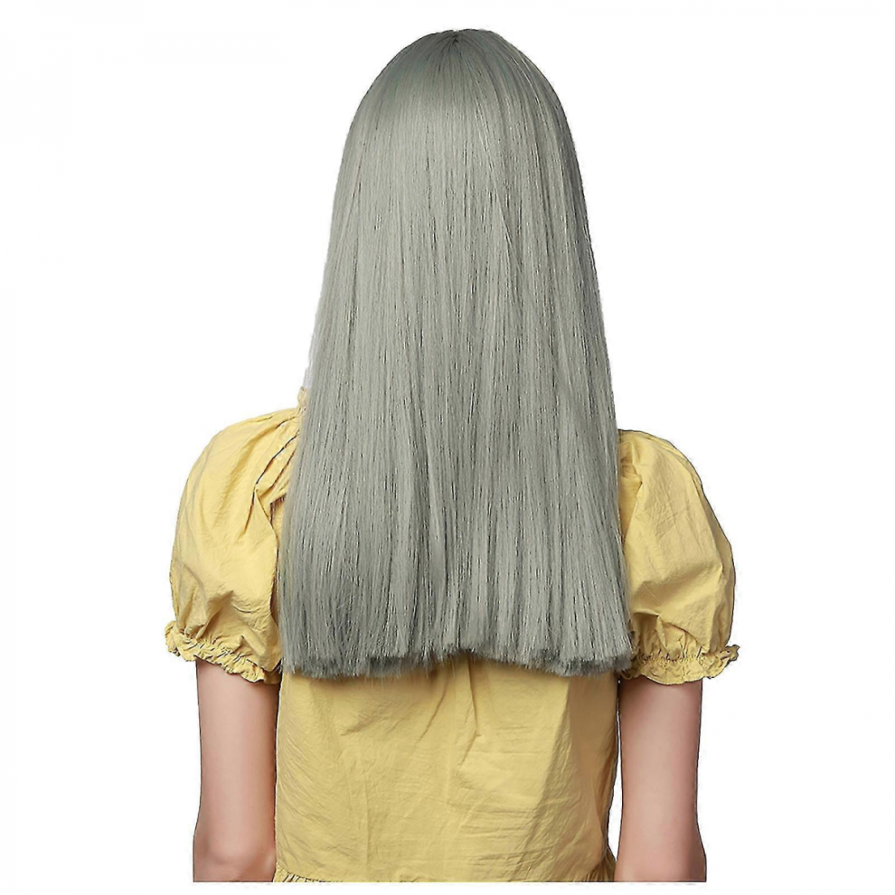 40cm High Temperature Silk Wig Gray Brown With Bangs Long Straight Hair With Rose Net