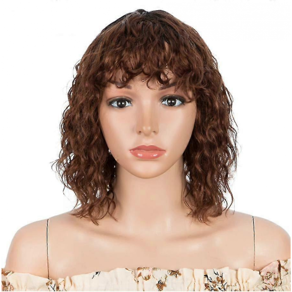 Unisex Brown African Short Curly Synthetic Hair Wigs Womens Brazilian Wavy Headgear Wig