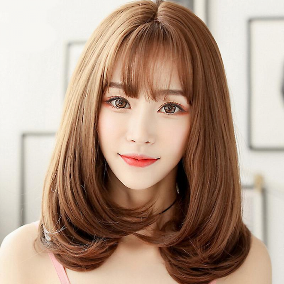 Unisex Long Hair Wig With Bangs Bobo Style Medium Length Fake Hair Extension Full Mesh Headgear For Daily Cosplay