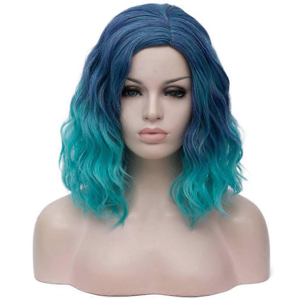 Unisex Blue Womens Short Curly Wavy Wig With Synthetic Party Halloween Wigs Wig Cap Included ( Ombre)