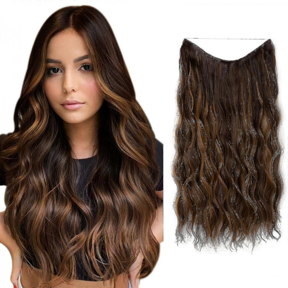 Unisex Halo Hair Extensions Invisible Wire Wavy Curly Long Synthetic Hairpieces For Women Adjustable Headband-Yky