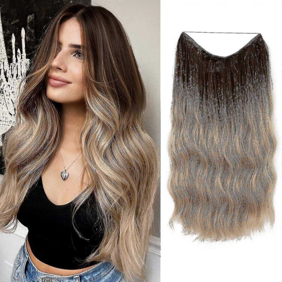 Unisex Halo Hair Extensions Invisible Wire Wavy Curly Long Synthetic Hairpieces For Women Adjustable Headband-Yky