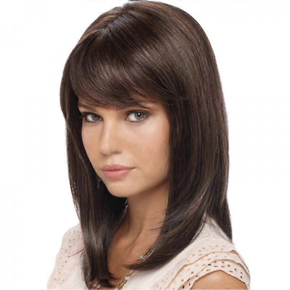 Unisex Brown Women's Dark Middle Short Straight Hair Synthetic Full Wig With Bangs