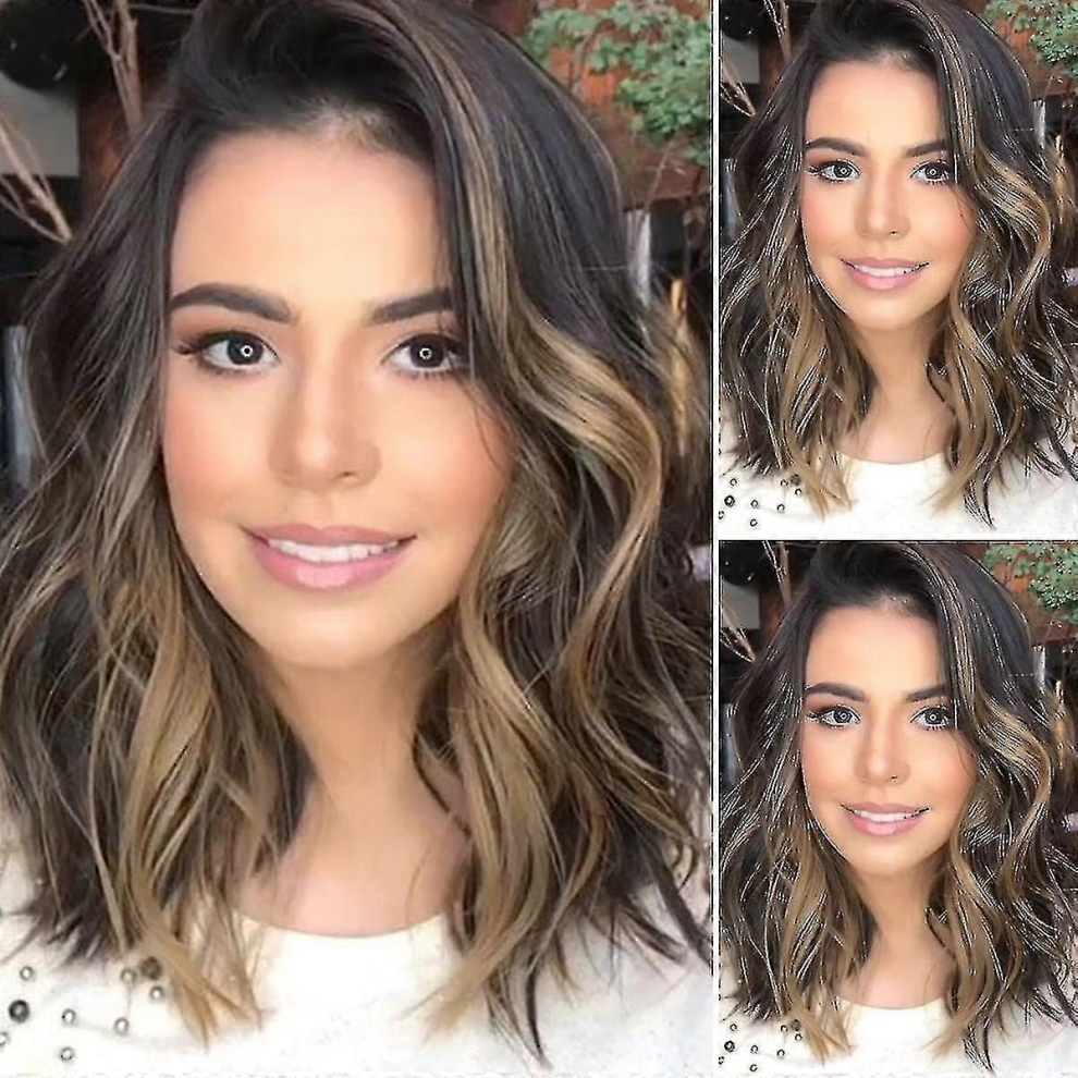 Unisex Brown Womens Gradient Shoulder-Length Curly Hair Wig Wavy Natural Wigs