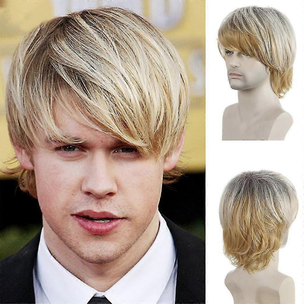 Unisex Men Ombre Blonde Natural Short Straight Hair Wigs With Bangs Cosplay Full Wig ~Sszfv