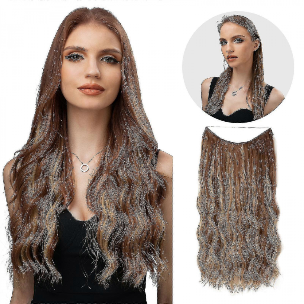 Unisex Halo Hair Extensions Invisible Wire Wavy Curly Long Synthetic Hairpieces For Women Adjustable Headband-Yky