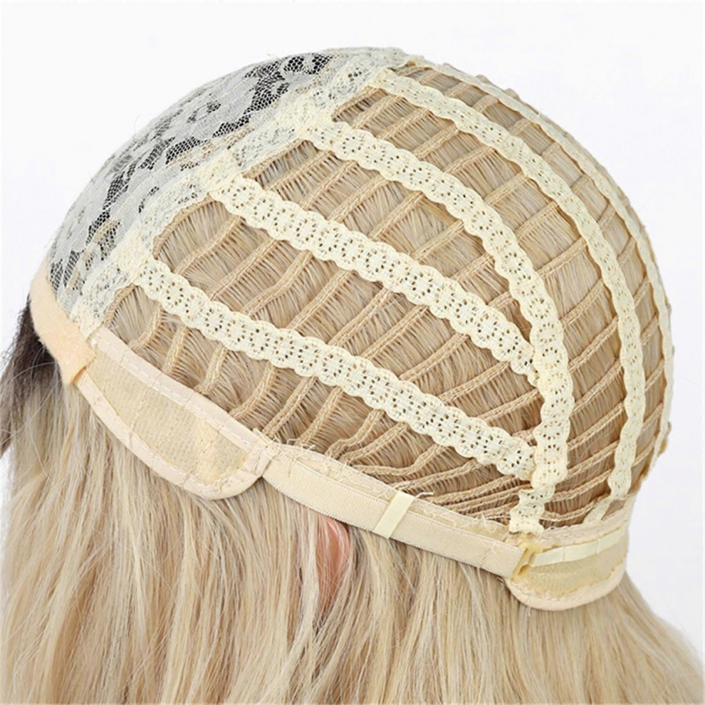 Blonde dyed black long curly wig: straight bangs, full headband.