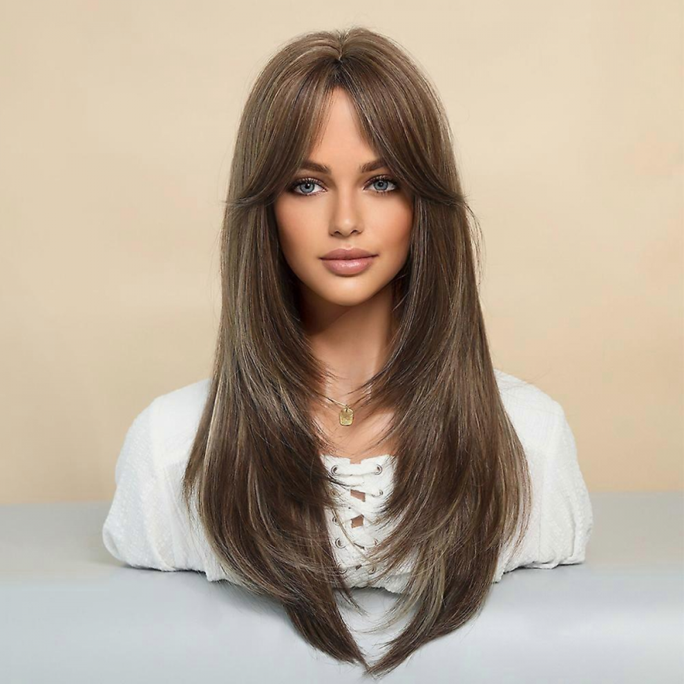 Unisex Long Wig Human Hair With Bangs And Wig Cap Glueless Straight Curly Natural Layered Synthetic Wigs 25 Inch