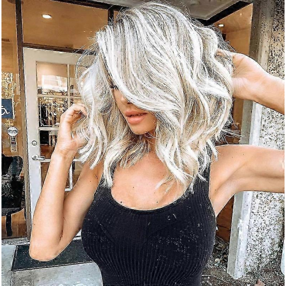 Women short, totally curly synthetic hair wig platinum blonde color