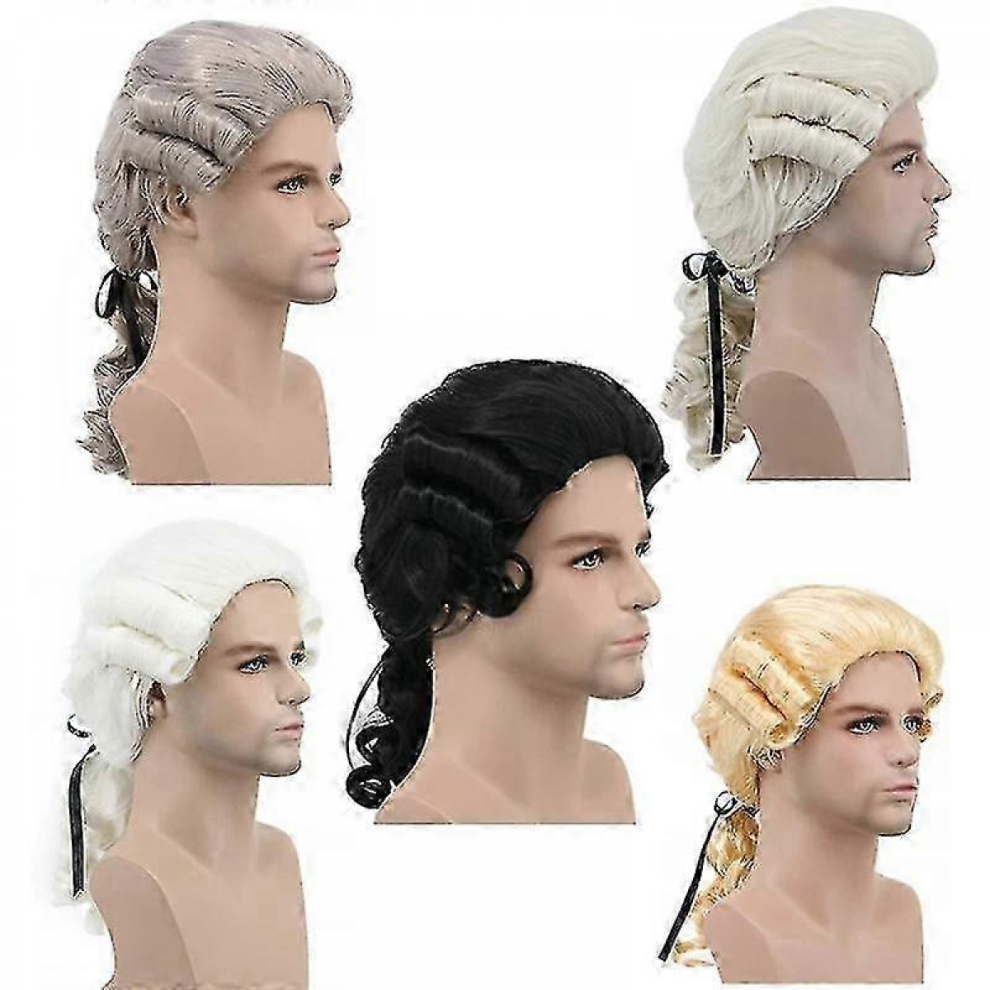 Unisex White,Black,Grey Grey White Black Lawyer Judge Baroque Curly Male Costume Wigs Deluxe Historical Halloween Long Synthetic Cosplay Wig + Wig Cap