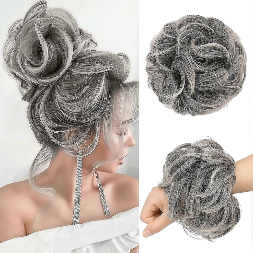 Unisex Gray Large Messy Bun Hair Piece - Synthetic Salt And Pepper Extensions - Easy Tousled Updo - Hairpieces For Women Girls