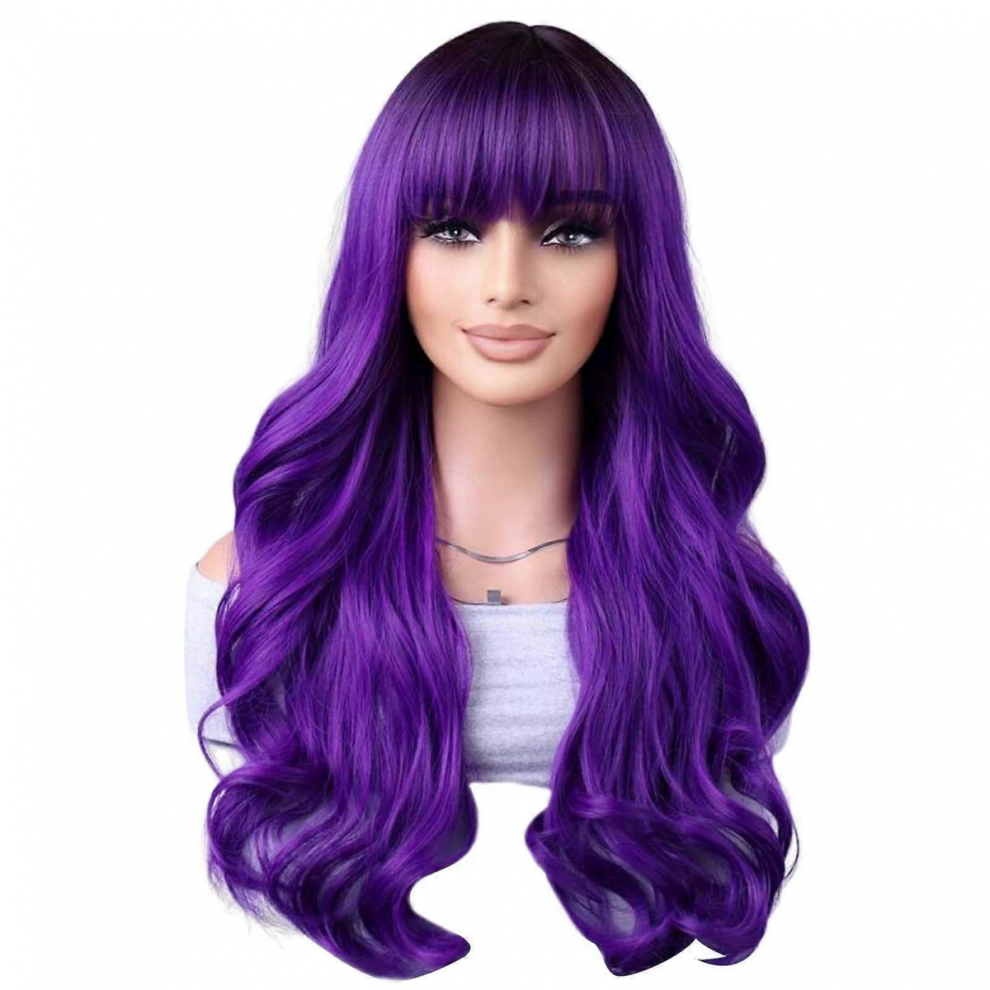 Unisex Purple Curly Hair With Bangs Natural Looking Breathable Wigs For Photography Stage Movie Hair
