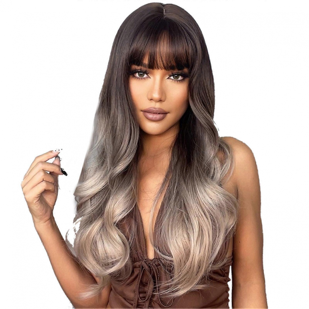 Long Curling Wigs Bangs Sexy Wavy Wig with Hair Net Heat Resistant Synthetic for Women Cosplay Party Daily Use