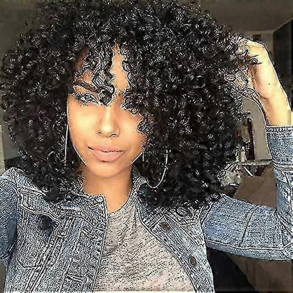 Unisex Black Curly Wig With Bangs Shoulder Long Wig Curly Wig African Curly Wig Synthetic Wig Curly Full Wig For Women (Black)