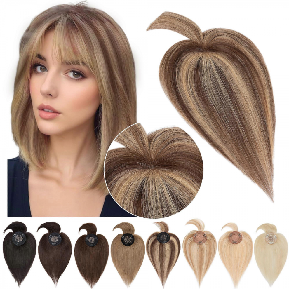 Unisex Brown Hair Toppers For Women Real Human Hair 10 Inch Clip In Bangs Wiglet Mono Base Topper For Thinning Hair - 4P27 Medium Dark Blonde