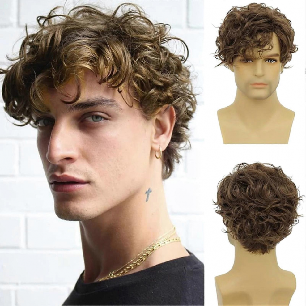 Mens Short Brown Curly Wig Natural Fake Hair Replacement
