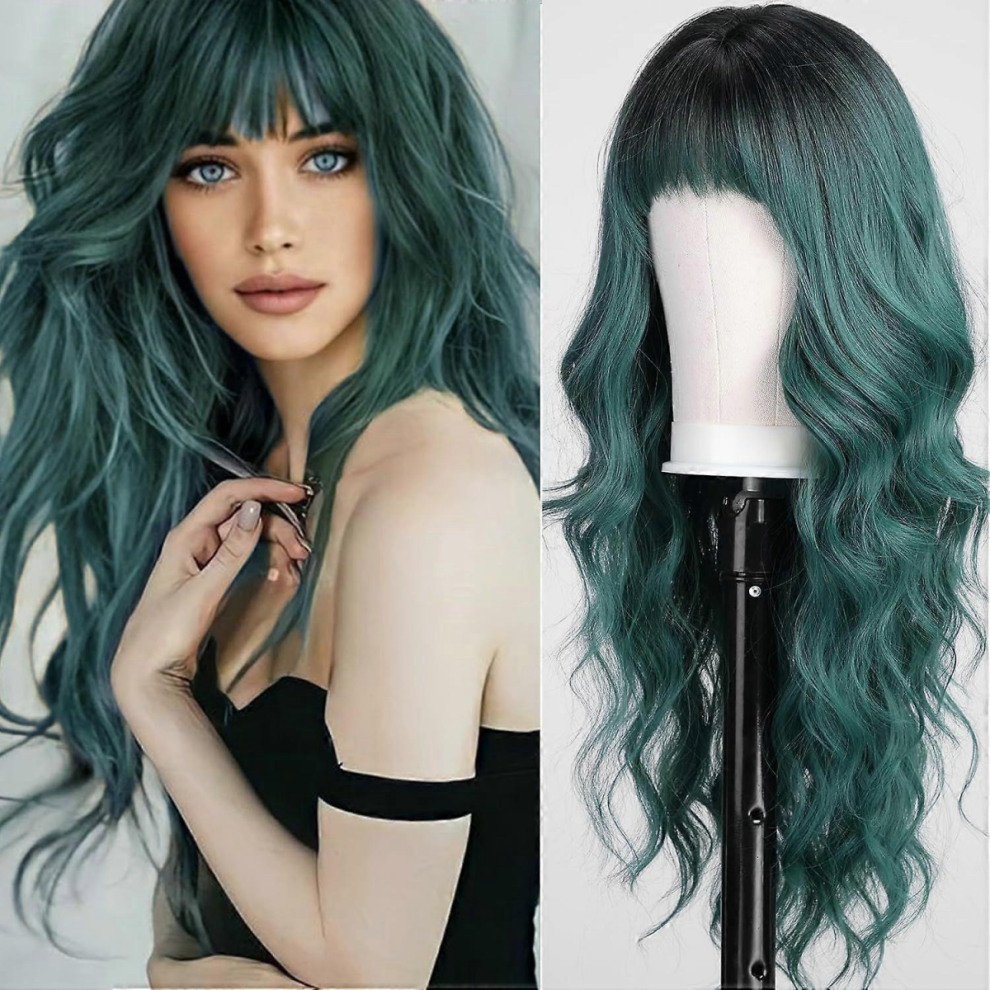 2025 Latest Model Green Wigs with Bangs,Green Wig for Women Highlight Long Wavy