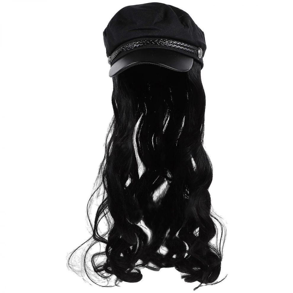 Unisex Black Cap Wigs Women Long Curly Wig Hat With Hair Attached Fashionable Design 1Set