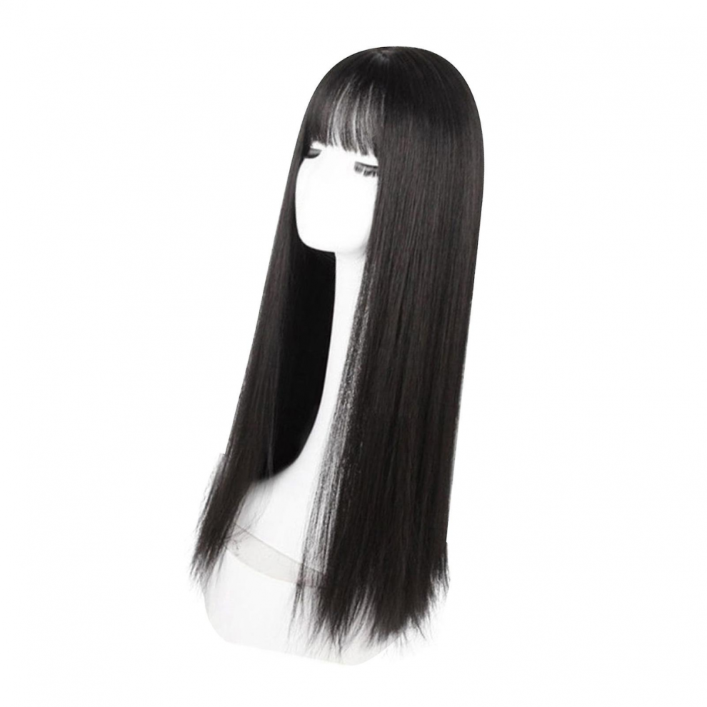 Unisex Black Long Straight Wig With Bangs Women Heat Resistant Fashionable Elegant Synthetic Wig 28.3 Inch