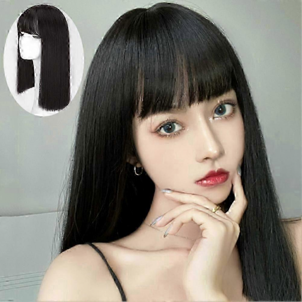 Black Wig Long Straight with Flat Bangs Natural Silky Synthetics Lace Front Wig