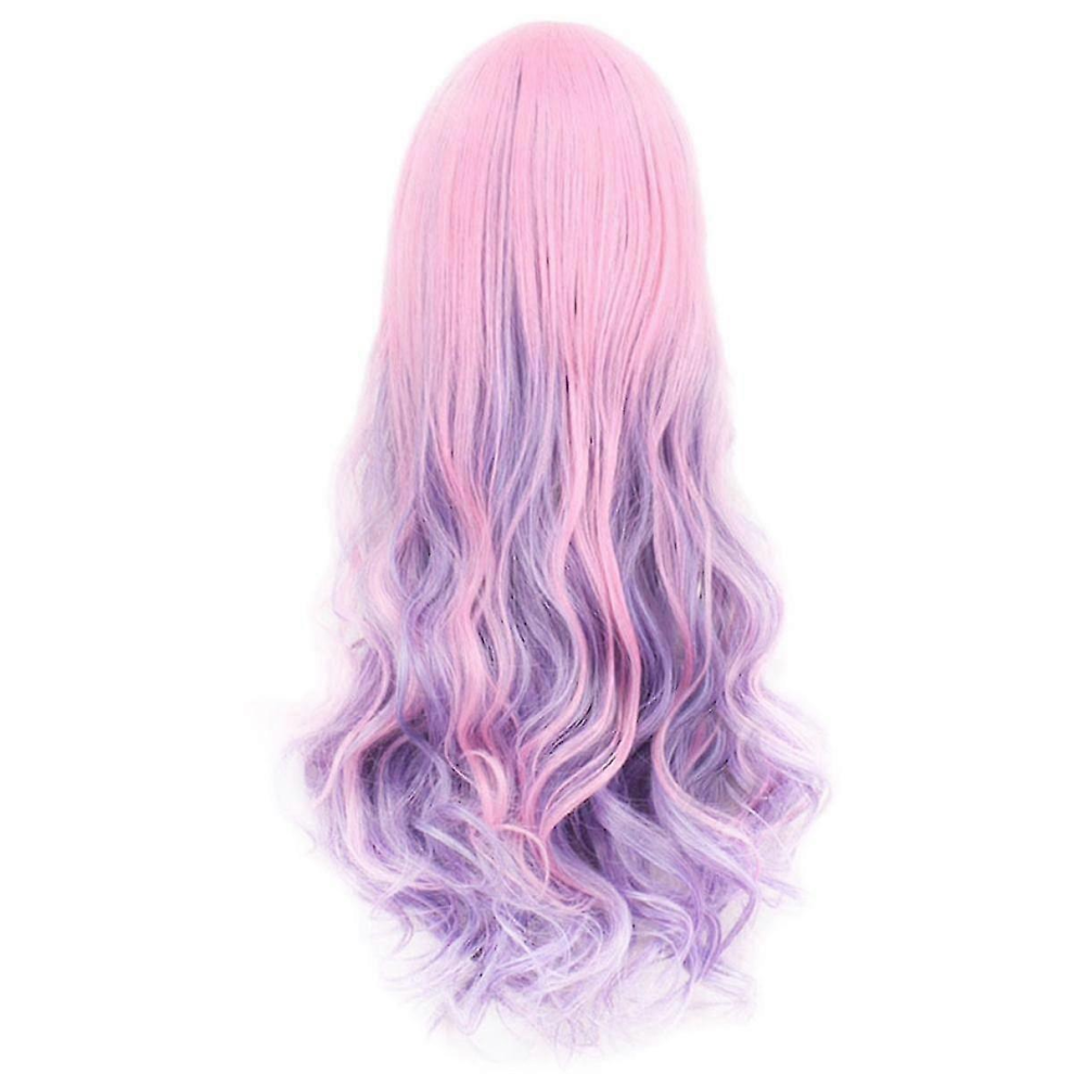 Unisex Rainbow Long Wavy Cosplay Wig Gradient Heat Resistant Fiber Natural Synthetic Hair Full Head Wig Ombre Party Wig 70Cm