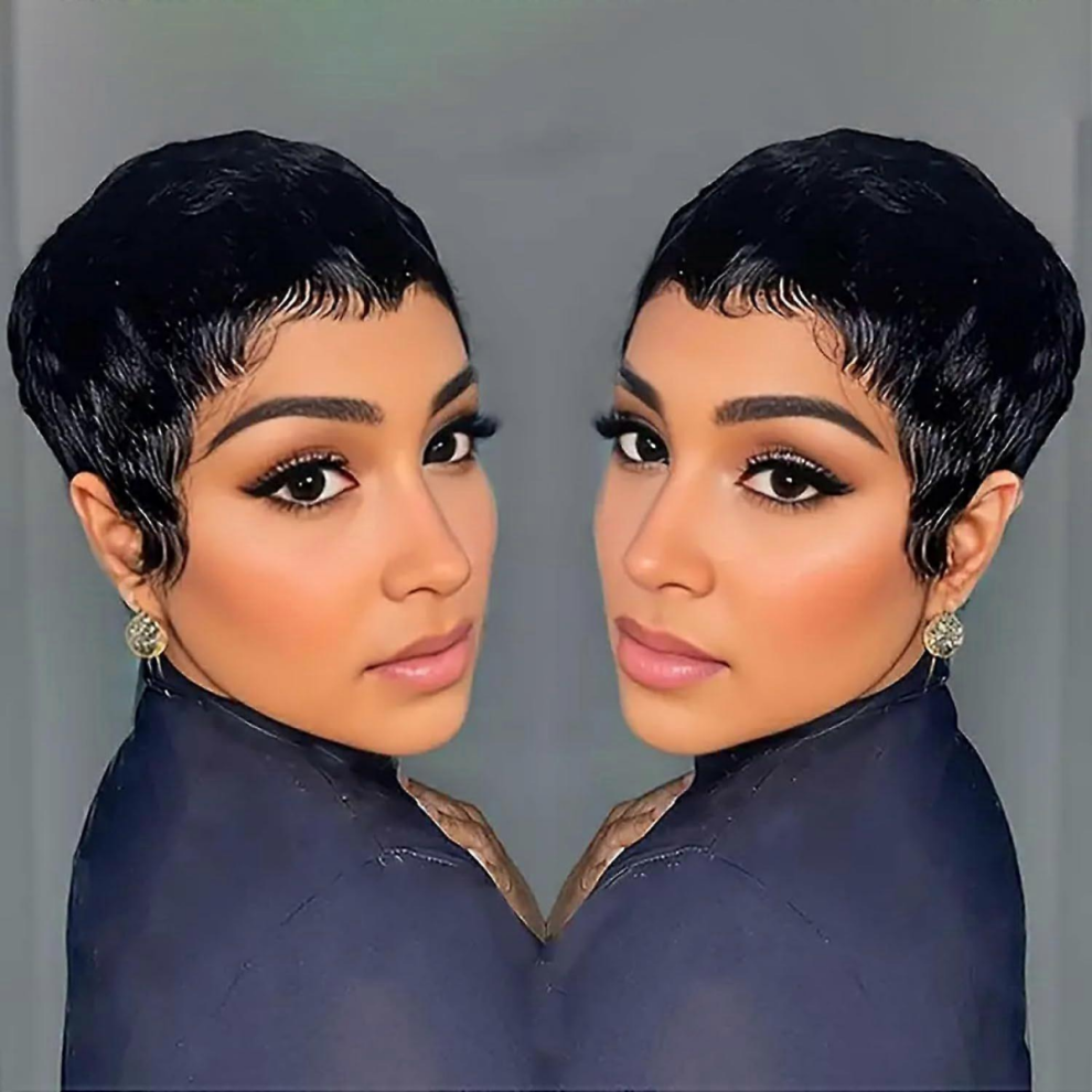 Unisex Black Pixie Cut Wig Human Hair Glueless Pixie Wigs For Women Short Glueless Wigs