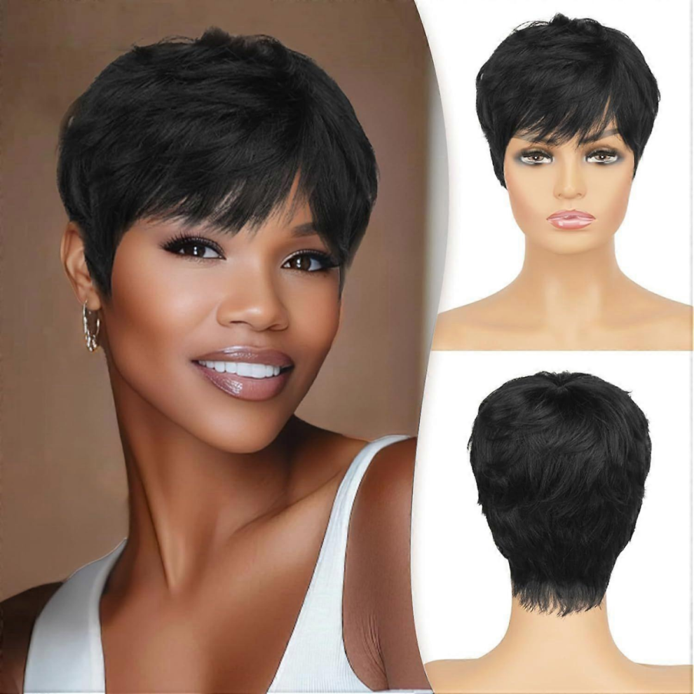 Unisex Black Pixie Cut Wig Human Hair Pixie Wigs For Women With Bangs Natural Short