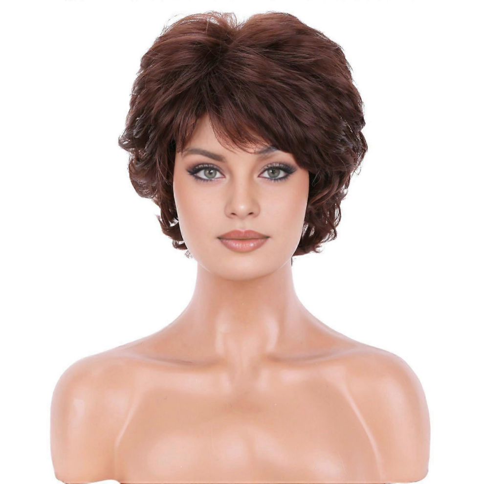 Unisex Brown Wig Short Curly Wigs With Bangs Wavy Wig For Women Hairnet Include
