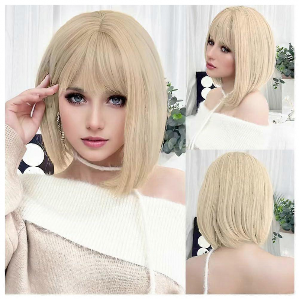 Unisex Short Blond Wig With Bangs 15Inch Straight Hair Natural Synthetic Bob Wig For