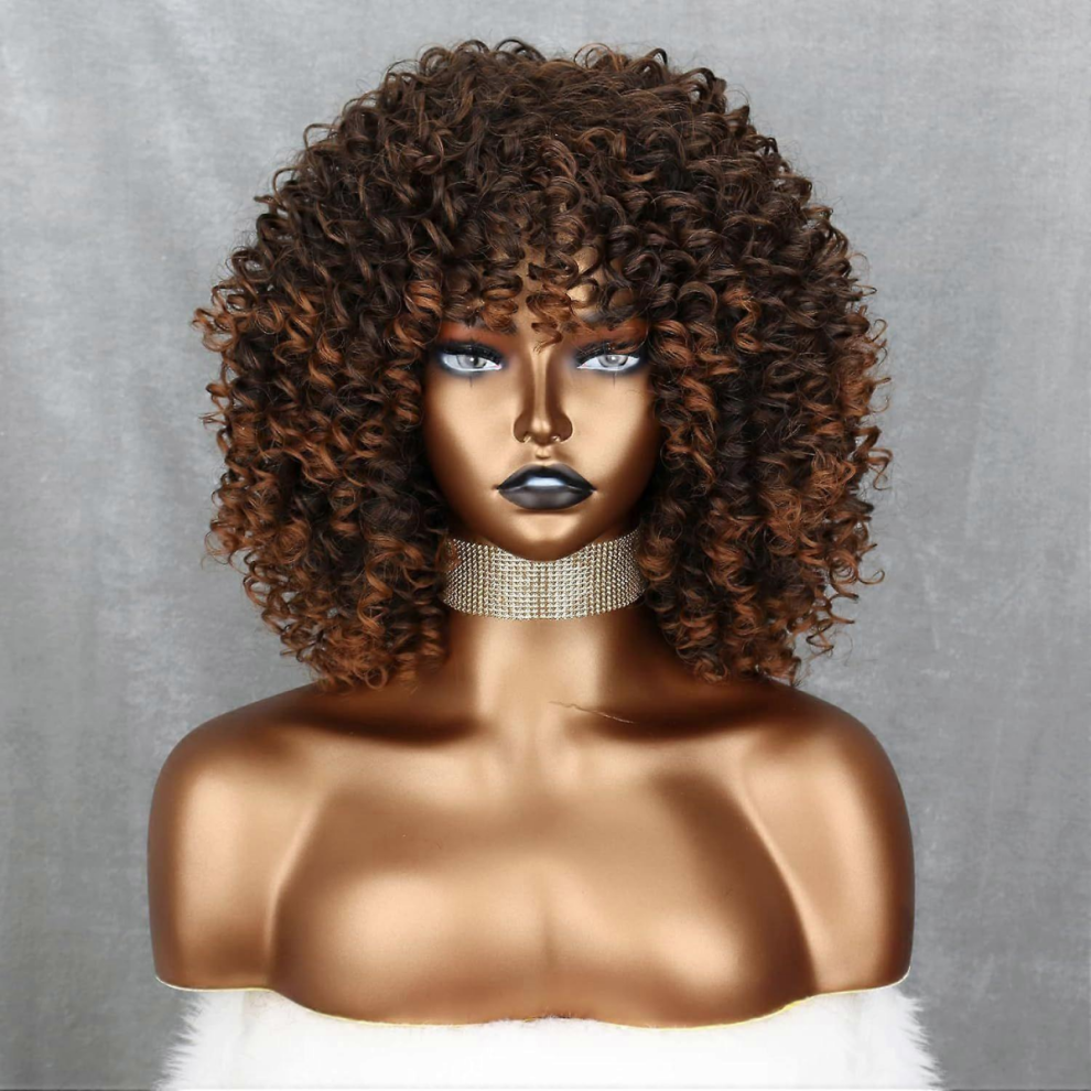 Unisex Black,Brown Omber Brown Kinky Curly Wig For Black Women, Short Curly Afro Wigs With Bangs