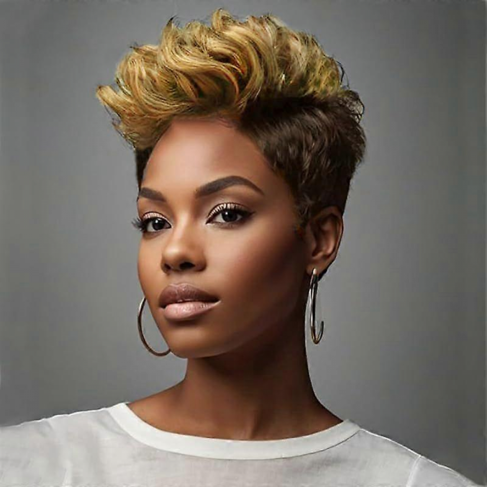 Unisex Black Short Pixie Cut Wig, Synthetic Curly Bangs, With Golden Highlights, Heat