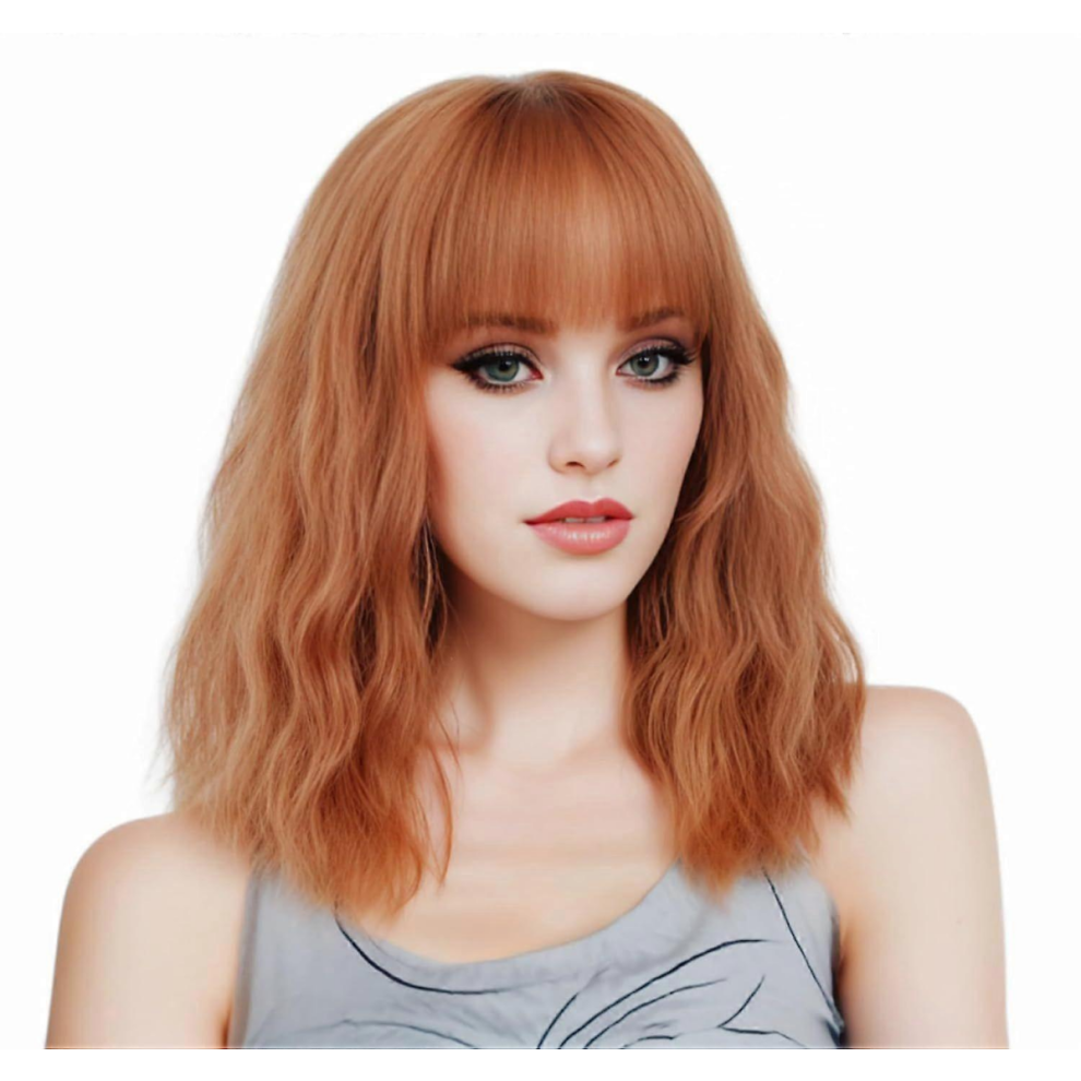 Unisex Short Ginger Water Wavy Wigs For Women Pastel Wave Wig With Bangs 14 Inches