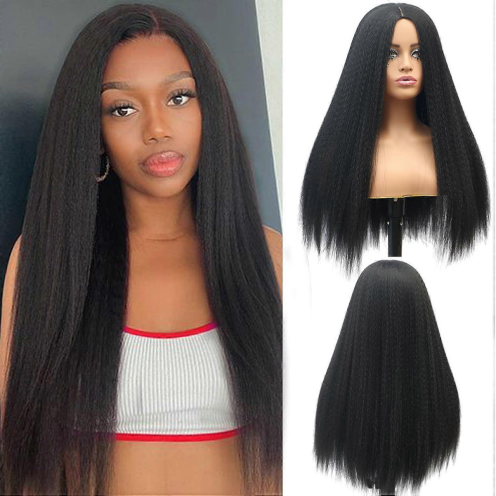 Unisex Black Kinky Straight Synthetic Hair Wigs Soft & Fluffy Yaki Wig For Women