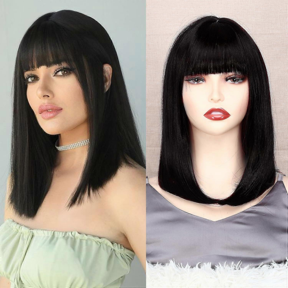 Unisex 14 Inch Short Wigs With Bangs, Straight Wigs For Women Natural Looking, Synthetic Short Wi