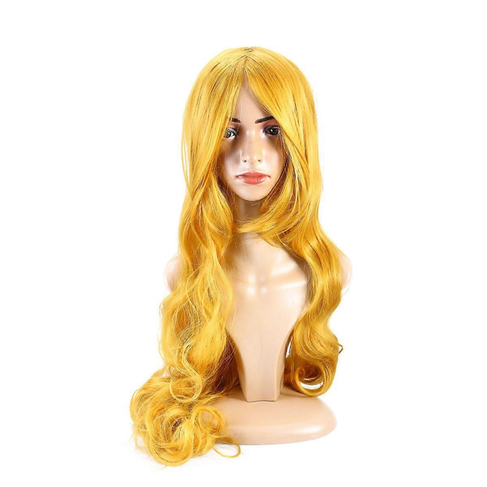 Unisex Yellow Long Curly Hair Wigs With Bangs For Cosplay Lolita Style 80 Cm