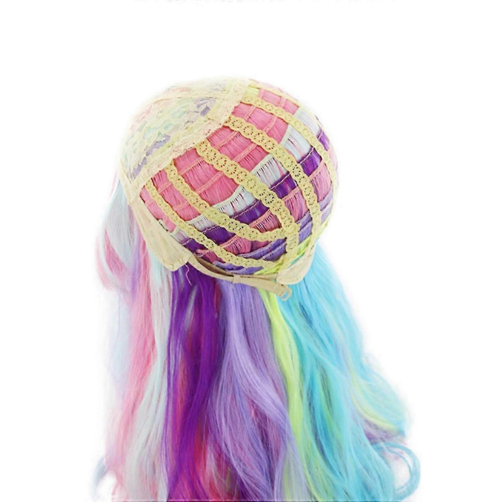 Unisex Highlight Dyed Mid-Length Curly Hair Synthetic Wig Wavy Rainbow Wig