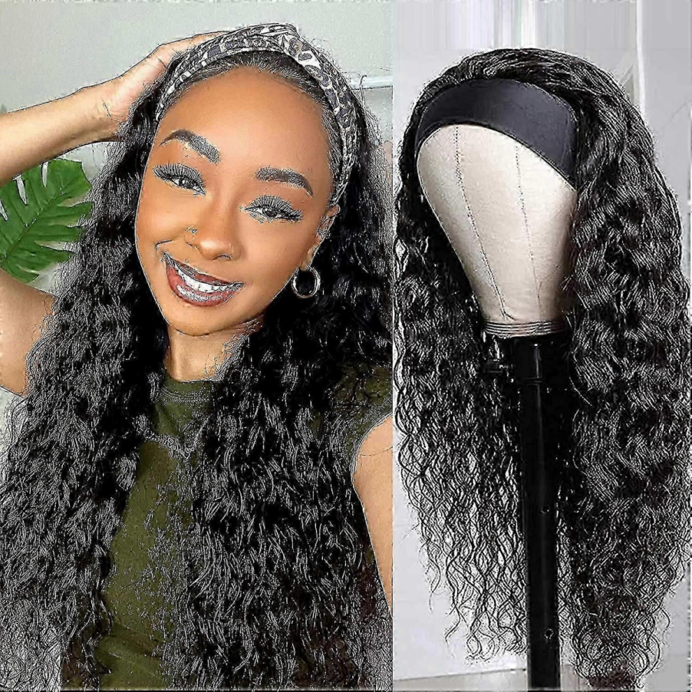 Unisex Black Headband Wig Curly, Headband Wigs Compatible Women Synthetic, Water Wave Headband Wigs, Wet And Wavy Wigs With Headbands Attached Glueless