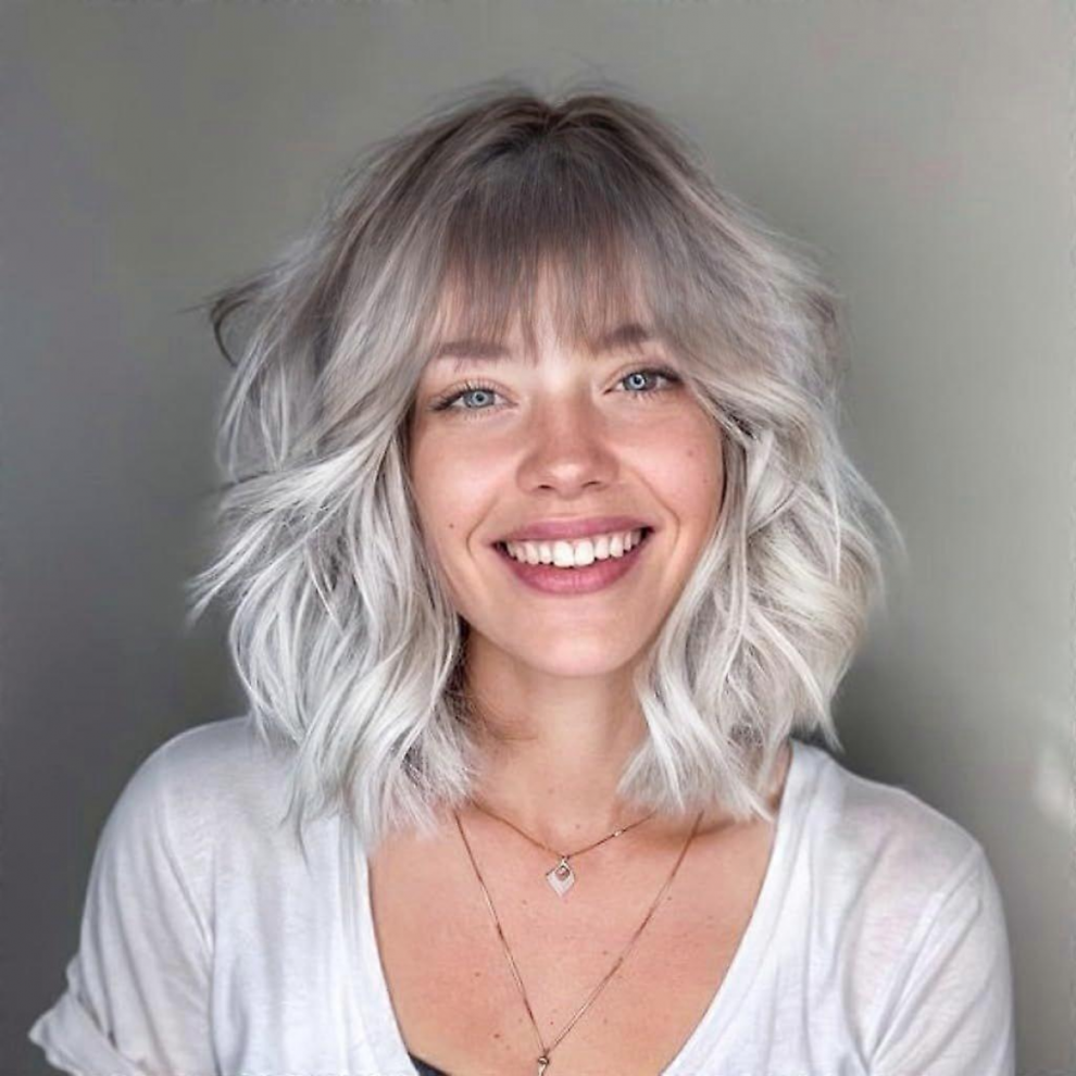 Unisex Brown,Grey Grey Wig For Women Ombre Gray Bob Wigs With Bangs Dark Brown Roots Short Wavy