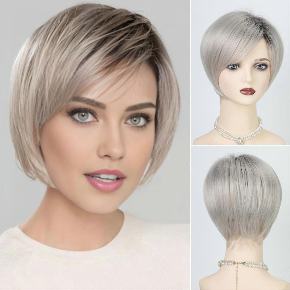 Unisex White,Silver Blonde Short Hair Wigs For White Women Layered Ombre Platinum Pixie Wig With